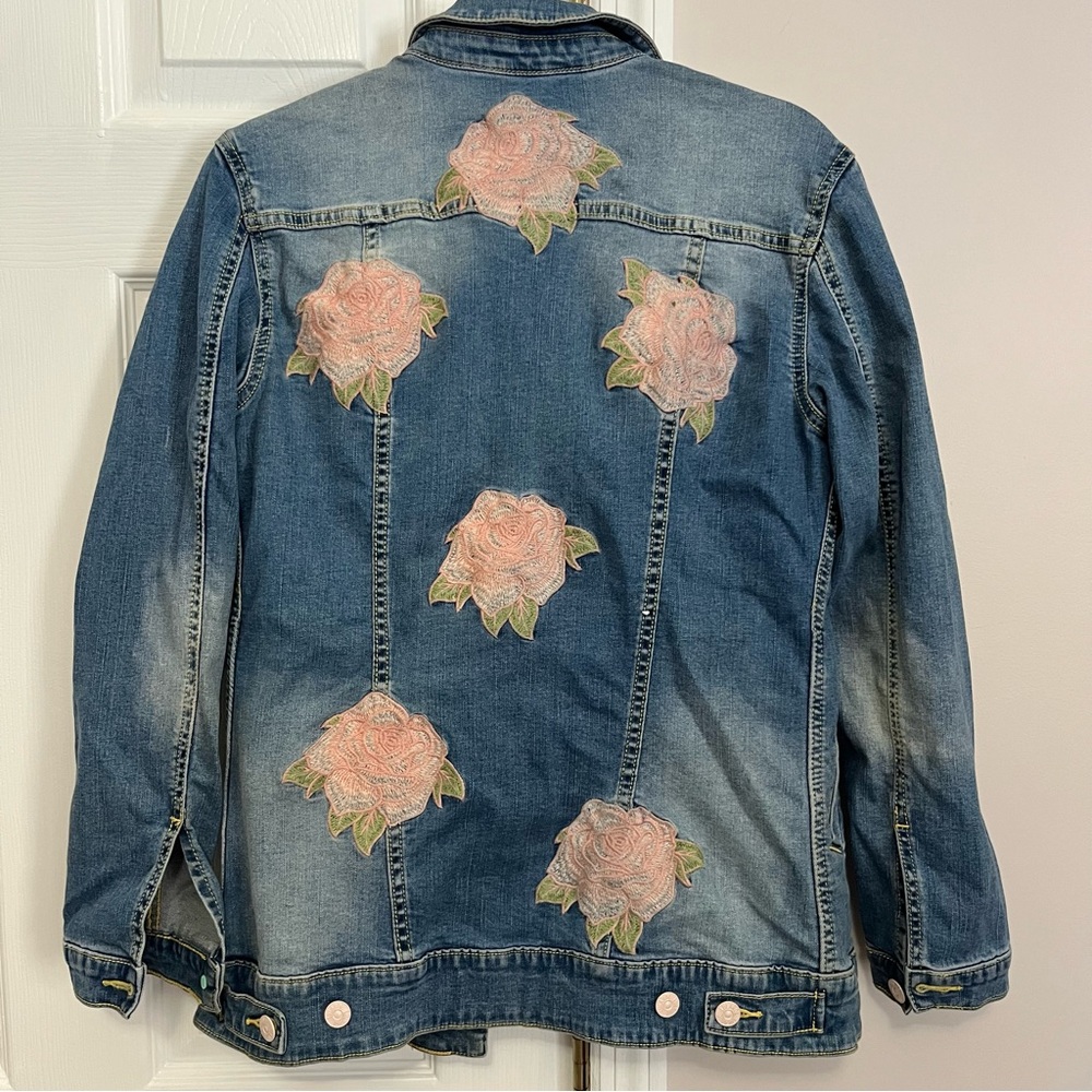 Lularoe Denim Jacket Womens Small Pink Roses Floral Longline Stretch Trucker - Picture 6 of 10